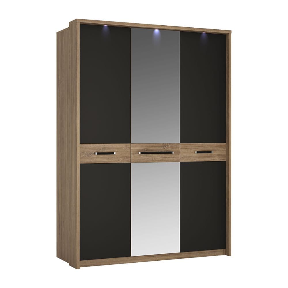 Olympus 3 door wardrobe with mirror door in Stirling Oak with matte black fronts